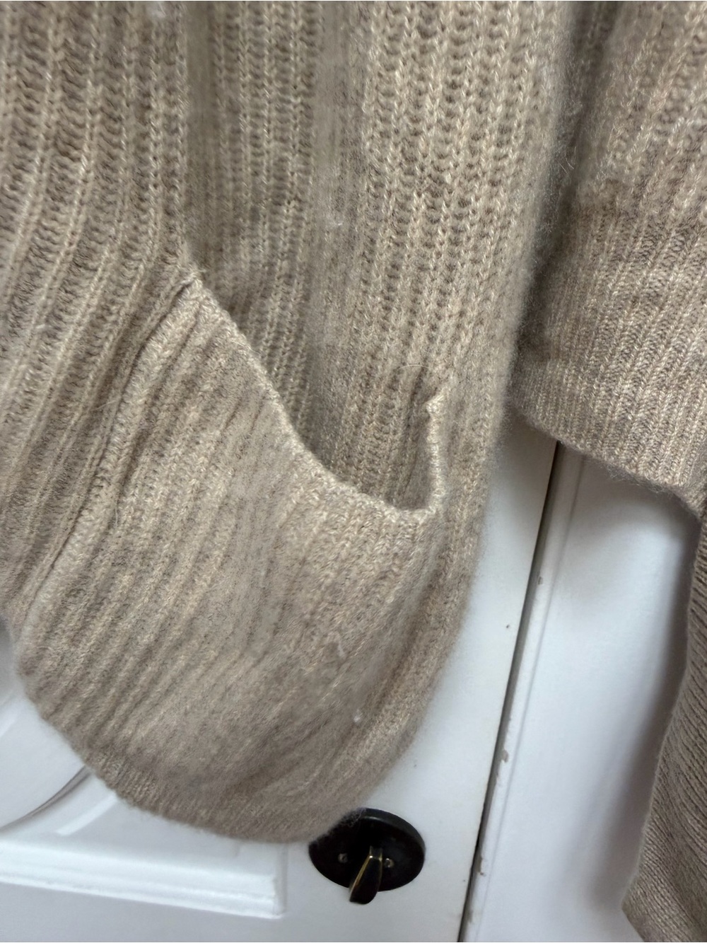 Relaxed Open-Front Taupe Ribbed Cardigan Sweater L 100% Cashmere - Picture 4 of 7
